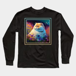 Happy Persian Cat Vibrant Tropical Flower Digital Oil Painting Portrait Long Sleeve T-Shirt